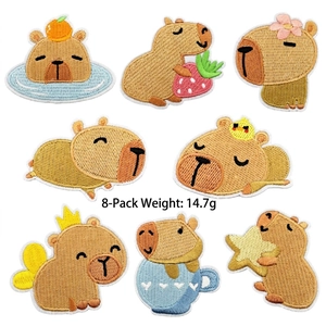 Detailed embroidery texture of 8 cute capybara cartoon patches for children clothing