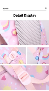 Detail of pink school backpack featuring breathable honeycomb mesh straps and adjusters