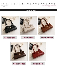 Detailaufnahme von fünf stilvollen Retro-Handtaschen in Schwarz, Weiß, Braun, Kaffee und Rot