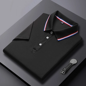 Classic black short-sleeve polo shirt with red white and blue striped collar detail