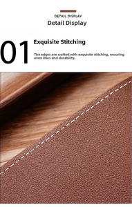 Close-up of brown lychee-textured leather wallet with reinforced white contrast stitching