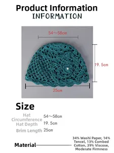 Détail de la maille au crochet sur chapeau d'été en tencel avec guide des tailles