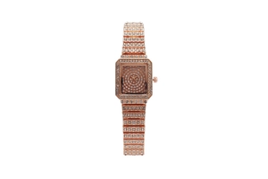Close-up of rose gold square watch dial with sparkling rhinestone crystal embellishments