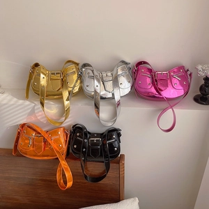 Chic hobo shoulder bags in vibrant patent colors with metal studs and buckle details