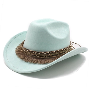 Close-up of mint green fedora hat featuring woven bands and layered gold metal chains