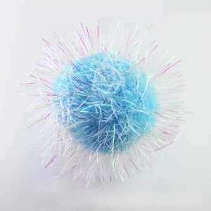 Detailed view of a blue 6cm crinkle ball cat toy with shiny rainbow tinsel strands