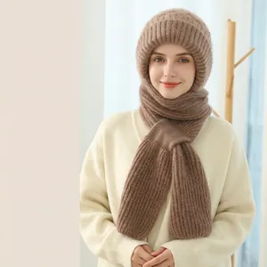 Winter brown knitted hooded scarf with fleece lining and buckle for outdoor cold protection