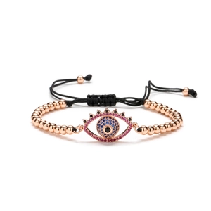 Adjustable rose gold beaded evil eye bracelet with colorful cubic zirconia and black cord