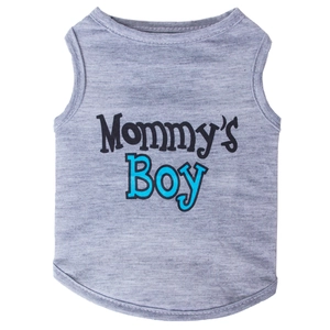Grey cotton dog vest with Mommy's Boy print for small dogs, summer breathable knit shirt
