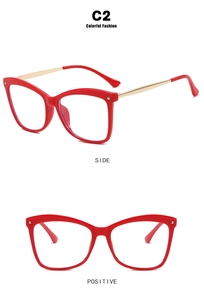Detailed side and front views of cat-eye red frames with gold metal temples
