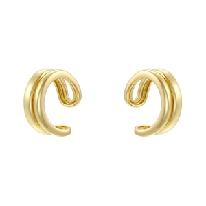 Detail view of gold double-layered C-shaped ear cuffs with smooth curved metal lines