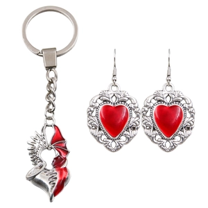 Gothic style pocket hug heart wings keychain and earrings set in red and silver