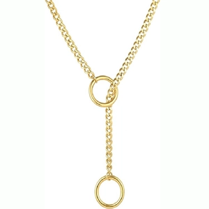 Detail of a golden Y-shaped necklace featuring Cuban chain and dual interlocking rings