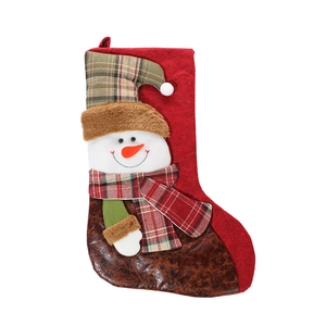 Cartoon snowman Christmas stocking gift bag with red plaid scarf and faux leather base