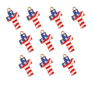 Macro shot of 11 American flag cross pendants made of alloy and enamel for DIY jewelry