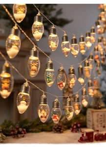 Detailed view of LED Christmas wishing ball string lights with micro snowman and warm glow
