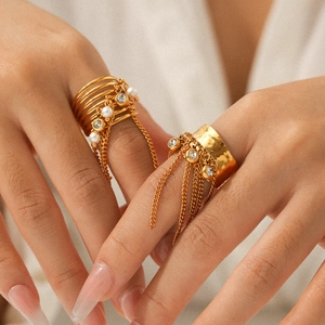 Stainless Steel Open Ring With Long Tassel Chain Artificial Pearl Zircon Gold Plated Bohemian Fashion Jewelry For Women