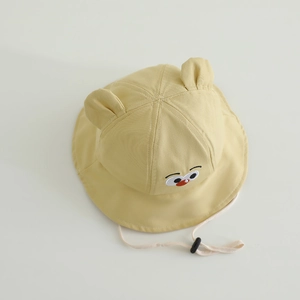 Cute baby sun bucket hat with cartoon embroidery and adjustable windproof strap