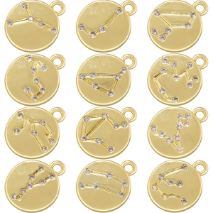 Round Zodiac Constellation Pendant Copper Zircon Inlaid Horoscope Charm Vintage Dainty Jewelry Accessory For Women