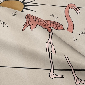 Close-up of Bohemian tapestry fabric showing flamingo prints and fine textile texture