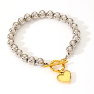 Edelstahl Perlenarmband mit goldenem Herzanhänger und OT-Verschluss für Damen