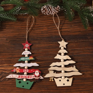Cartoon wooden Christmas tree pendants set with rustic pine cones on a dark wood background