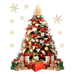 Classic green Christmas tree with red gold ornaments and gift boxes on white background