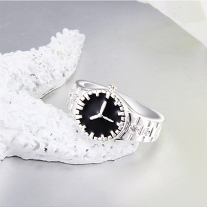 Watch Shape Ring Copper With White Zirconia Adjustable Creative Vintage Style Unisex Dial Finger Jewelry Silver Color