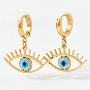 Boucles d'oreilles créoles en acier doré avec pendentifs mauvais œil et cils