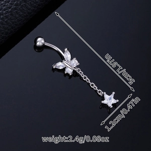 Macro shot of silver butterfly navel ring with zircon pendant and dimensions in inches