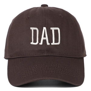 Close-up of white DAD embroidery on dark brown cotton canvas vintage baseball cap
