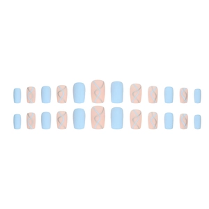 Blue and nude press-on nails with silver wave patterns in a 24-piece manicure set