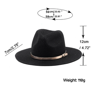 Detail showing dimensions of the black woven straw hat with golden belt and buckle
