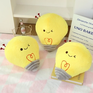 Cute cartoon light bulb plush toy pillow with yellow soft fur and heart embroidery detail