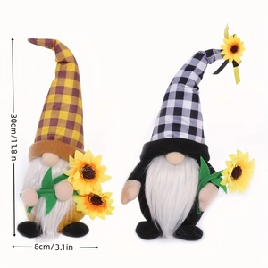 Pair of sunflower plush gnomes with plaid hats and size labels for home decor