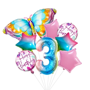 Detail of colorful butterfly and gradient number 3 balloon set for birthday party decoration