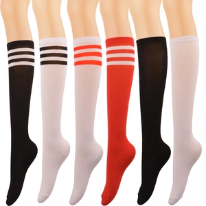 Women Knee High Socks Thigh High Over Knee Triple Striped Solid Color Polyester Elastic Knit School Sports Fashion