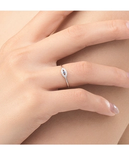 Detailed view of S925 silver Evil Eye ring with blue crystal and micro-pave zircons