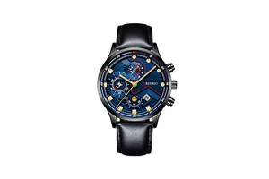 Close-up of MREURIO men's quartz watch with dark blue chronograph dial and black leather strap