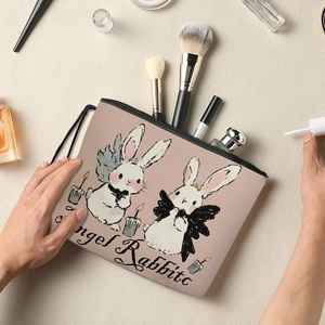 Trousse à maquillage rose avec motif lapin ange et fermeture éclair pour le voyage