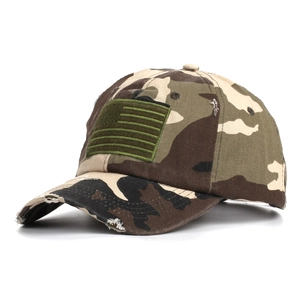 Tactical camouflage baseball cap with flag patch and distressed brim for men and women