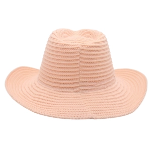 Detail of the soft knit texture and wavy brim on this stylish pink orange jazz fedora hat