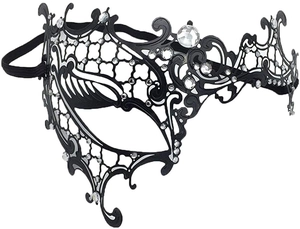 Dettaglio della maschera veneziana in metallo nero tagliata al laser con strass lucidi