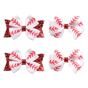 Glitter and baseball print ribbon hair bows set for sports themed accessories