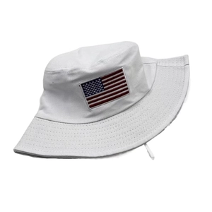 White cotton bucket hat with American flag embroidery and adjustable drawstring