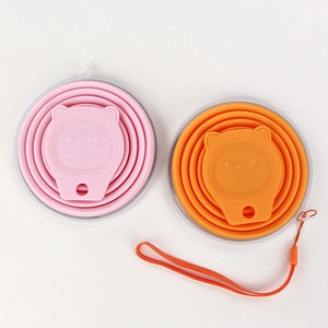 Portable silicone folding cups with cartoon panda design in pink and orange colors