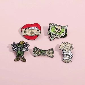 Set of five creative dollar-themed enamel pins featuring skulls and street art motifs