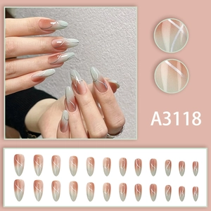 Almond fake nails with pink and green gradient and silver geometric line art 24pcs set