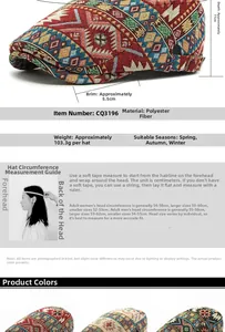 Detailed view of bohemian jacquard flat cap with colorful geometric pattern weaving