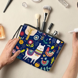 Alpaca Print Makeup Bag Linen Polyester Zipper Toiletry Pouch Portable Travel Organizer Case For Women Ethnic Style
